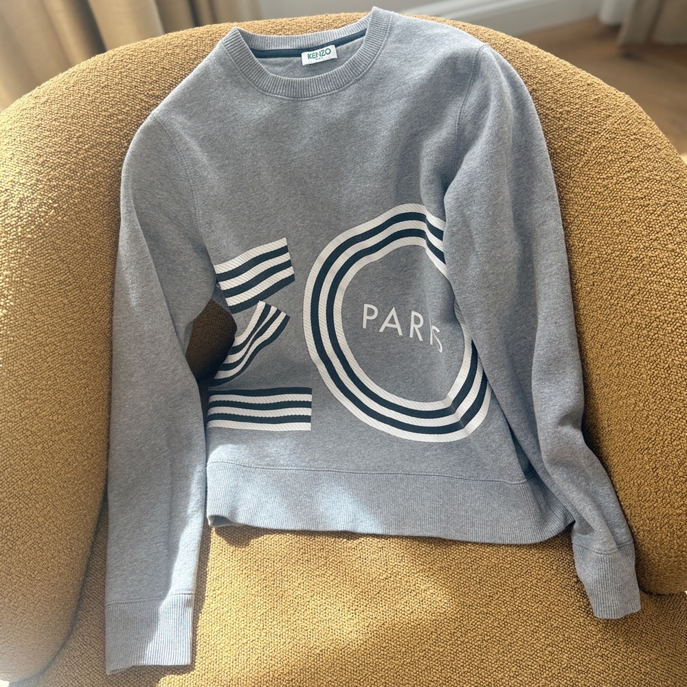 Kenzo Light Grey Graphic Crewneck Sweater with White & Navy Accents